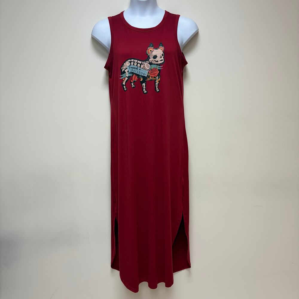 Dia de los Muertos French Bulldog Red Maxi Tank Dress Floral Gothic Halloween  S